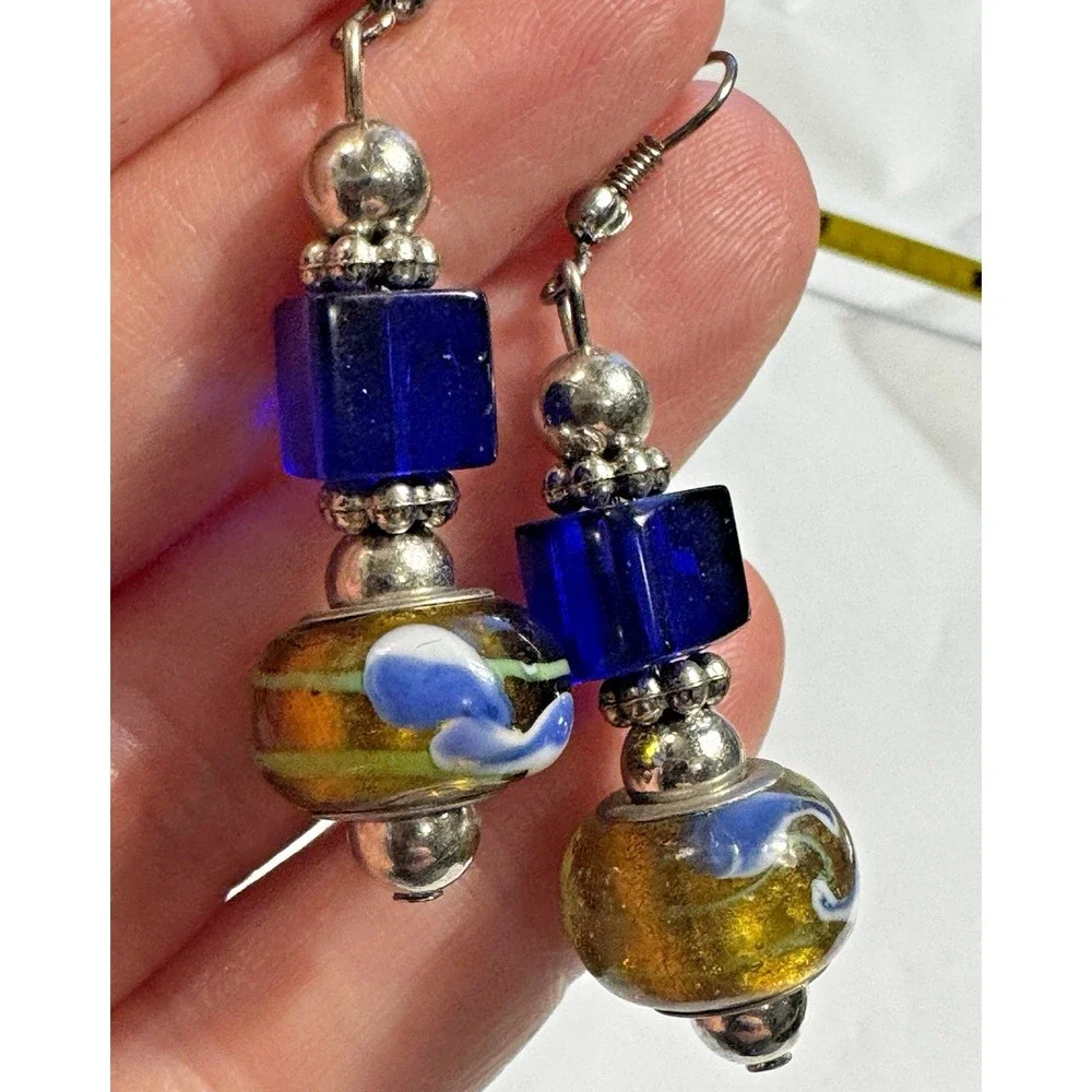 Artisan Lampwork Glass Drop Earrings Blue Gold Swirl Cube Bead Boho Dangle 2 In